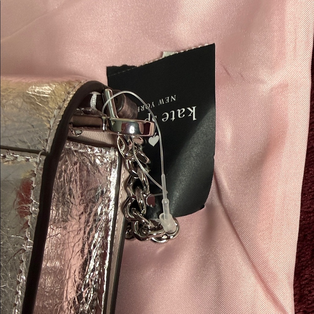 NWT Kate Spade Pink Metallic Crinkle Mini Flap Crossbody Silver Chain Clutch - Picture 14 of 15